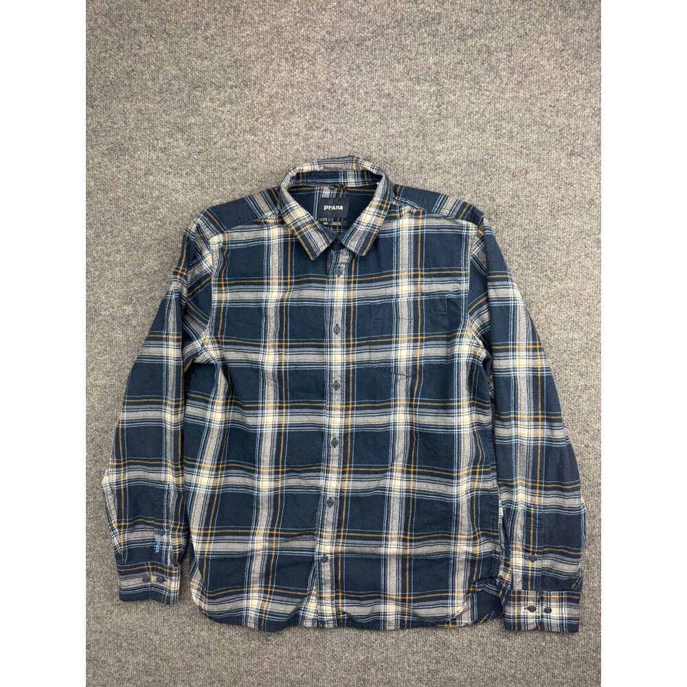 Prana Los Feliz Flannel Men's Medium Blue Brown Plaid Outdoor Lightweight
